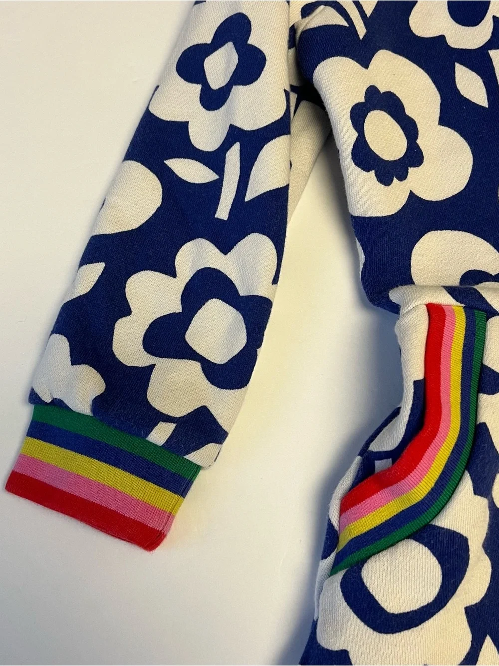 Mini Boden Girls Dress 3-4Y Fit & Flare Blue White Floral Rainbow Trim